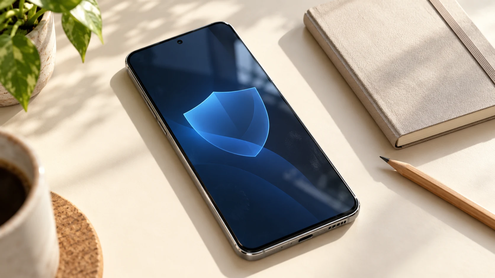 Generated concept photograph of a smartphone with an abstract shield on its screen beside a notebook