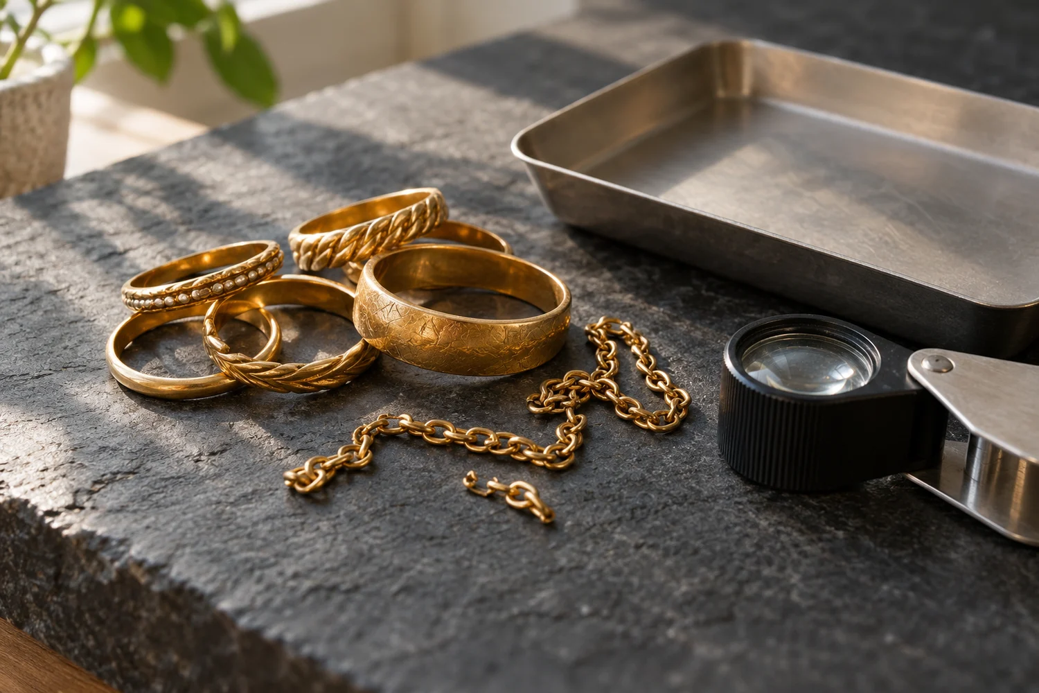Generated concept photograph of gold jewellery and a loupe on dark stone