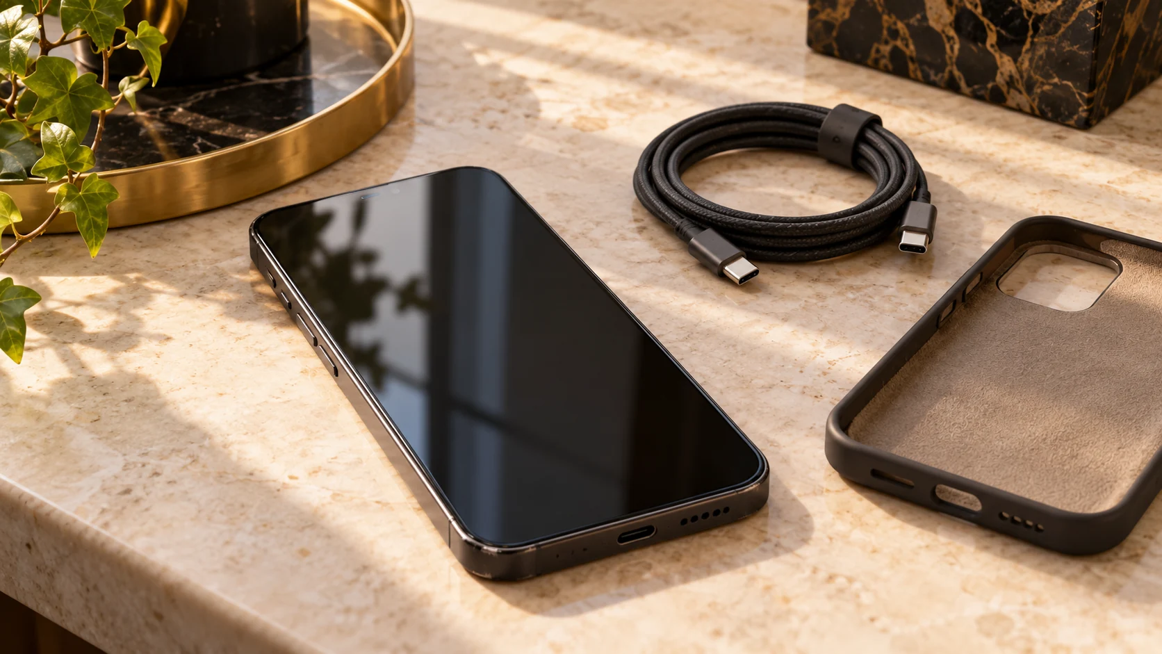Generiertes Konzeptbild eines Smartphones mit Zubehör zur Vorbereitung eines Verkaufs