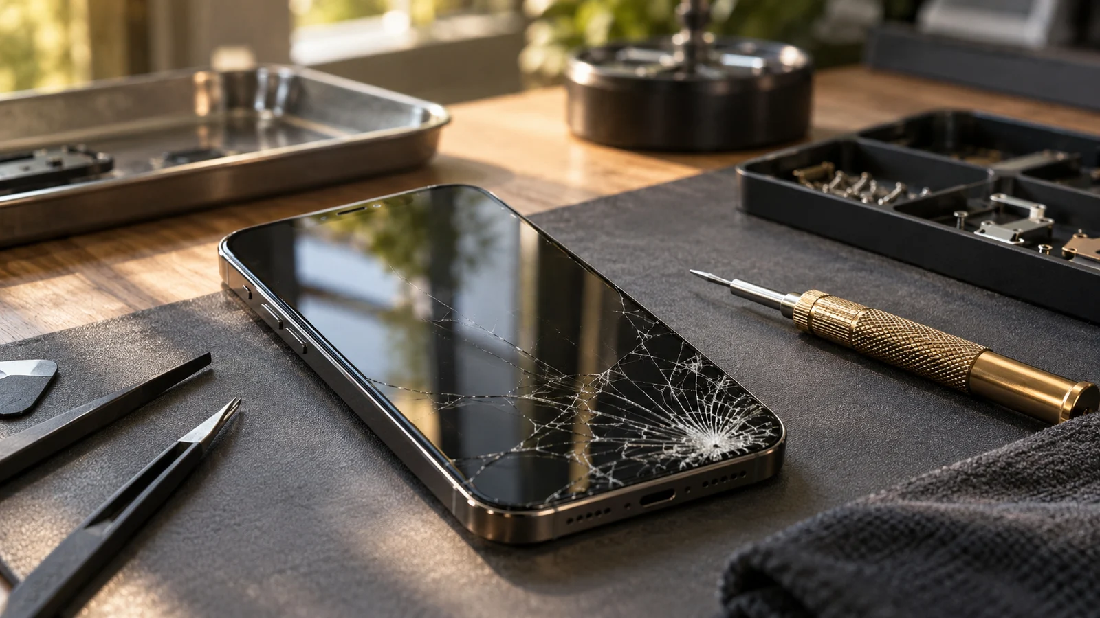 Generated concept photograph of a smartphone with a cracked screen beside repair tools