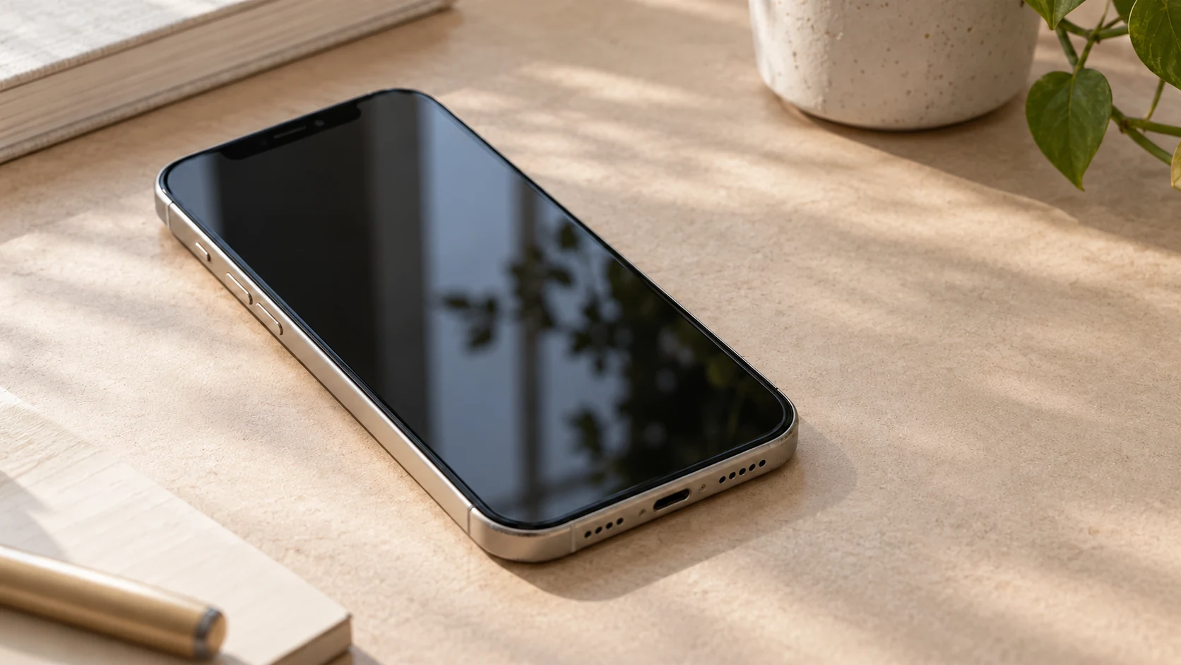 Generiertes Konzeptbild eines gebrauchten Smartphones mit dunklem Bildschirm auf einer hellen Tischfläche