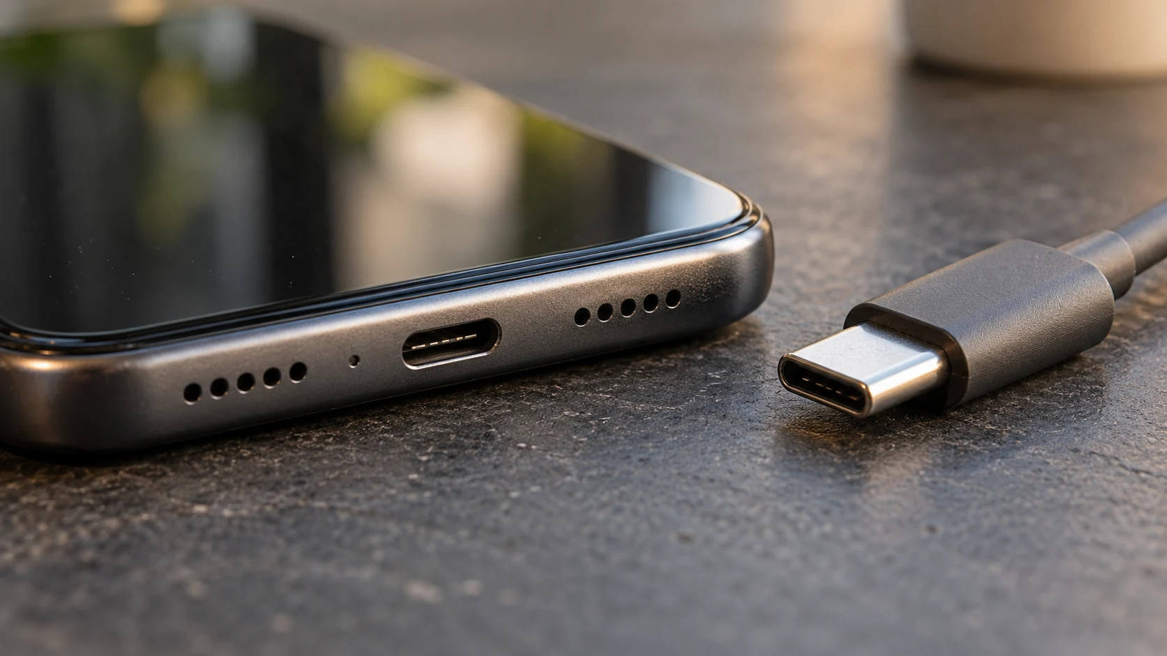 Generiertes Konzeptbild eines Smartphones neben einem unverbundenen Ladekabel