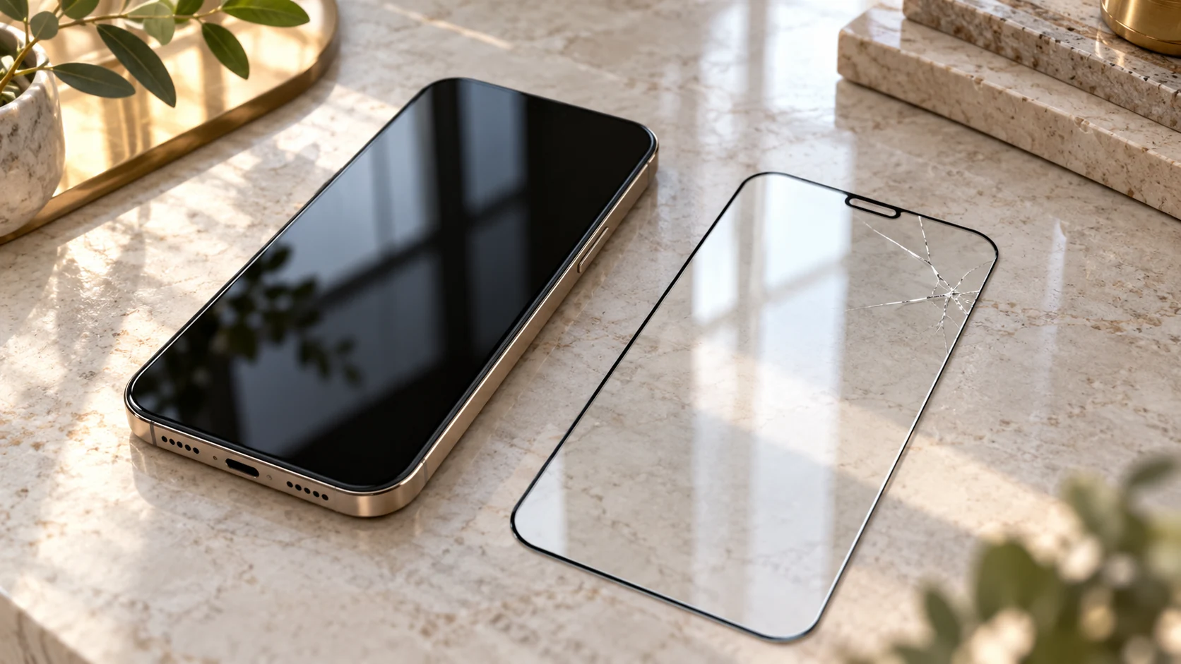 Generiertes Konzeptbild eines Smartphones neben einem separaten Schutzglas als Anschauung