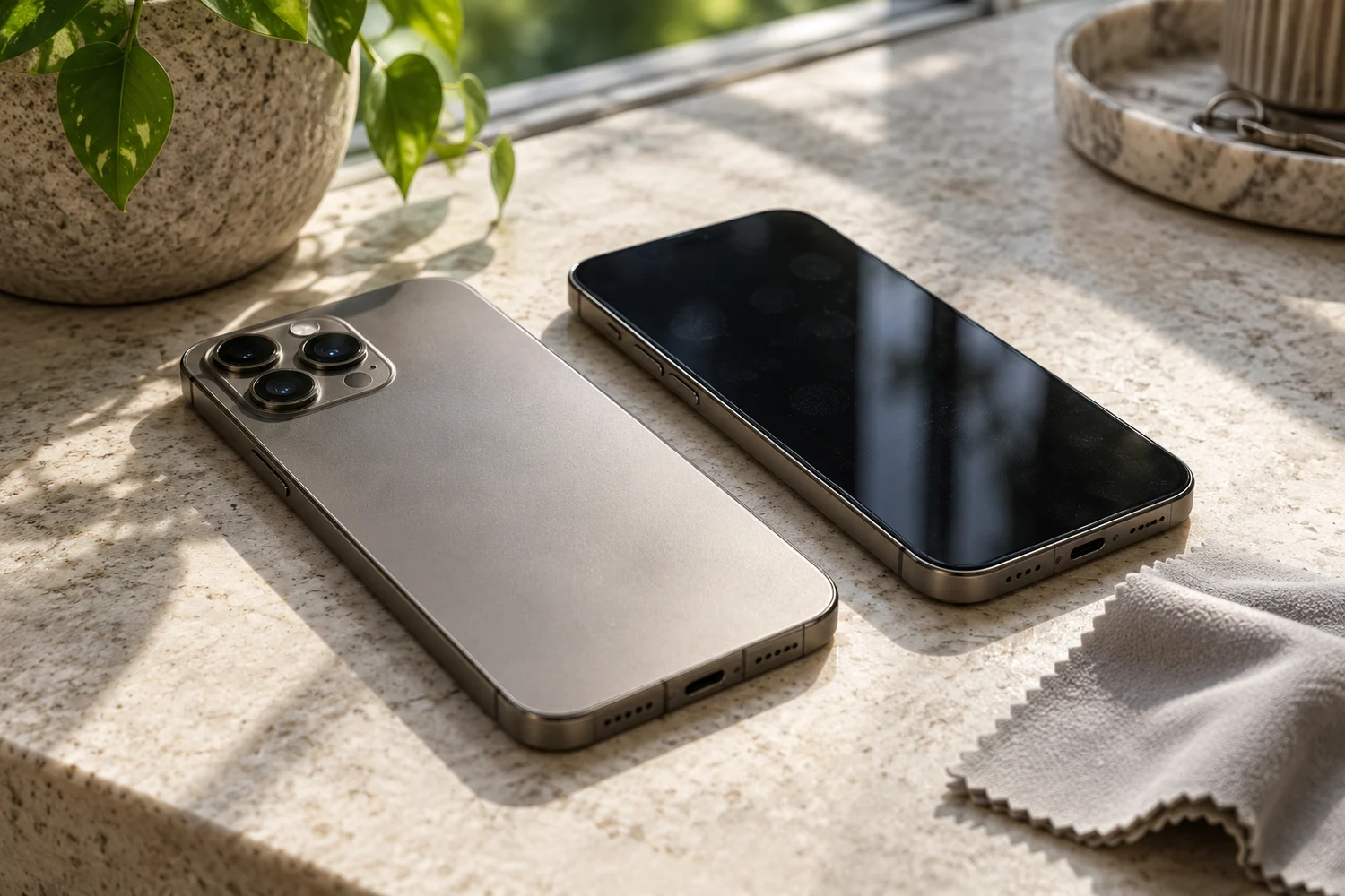 Generated concept photograph of two smartphones on pale stone