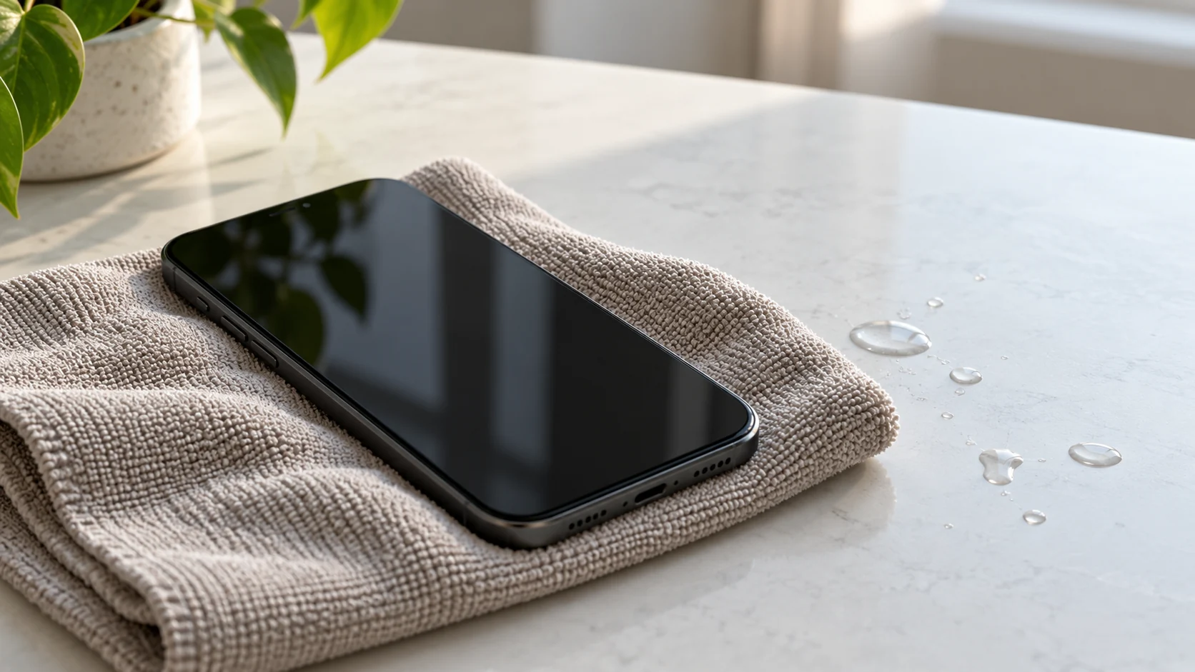 Generiertes Konzeptbild eines ausgeschalteten Smartphones auf einem trockenen Tuch neben Wassertropfen