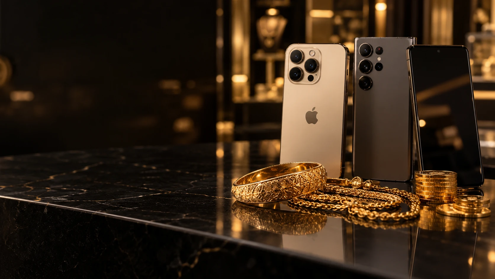 Konzeptfoto: iPhone und weitere Smartphones neben filigranem Goldschmuck auf schwarzem Stein