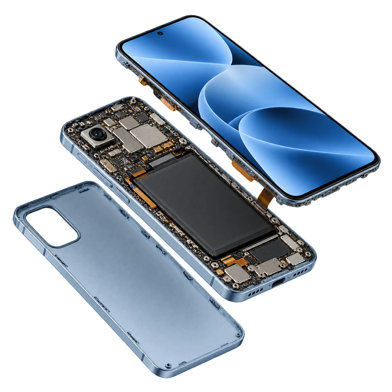 Konzeptionelle Explosionsansicht eines Smartphones mit Display und innerem Gehäuse